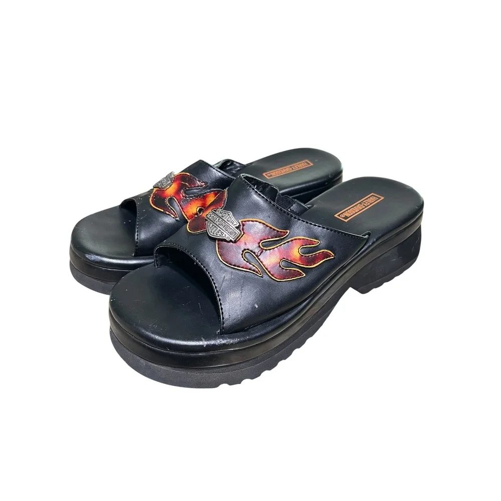 Vintage 90s HARLEY DAVIDSON Platform Sandals Slides 7 Black Flame Biker Goth Y2K
